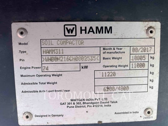Hamm 311, Compactor, 2400 hours, S/N: WHB0H216TH0002535, 2017 - Image 6