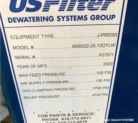 U.S. Filter #800G32-20-10DYLW, Filter J-Press, 135 sq.ft., 21" x 31" x 31" plates, 3,700 PSI Clamp, 2003 - Image 8