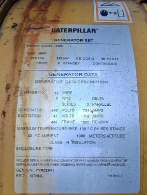 250 KW Caterpillar #3306, Diesel Generator Set, enclosed 500-gallon base fuel tank, 1800 RPM, 480 Volt, 950 - Image 7