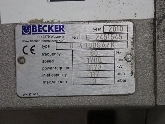 Becker #U-4.100SA/K, Vacuum Pump, 117 m3/h Inlet capacity, 3 mbar, 3.73 kW, 1700 RPM, 2010 - Image 9