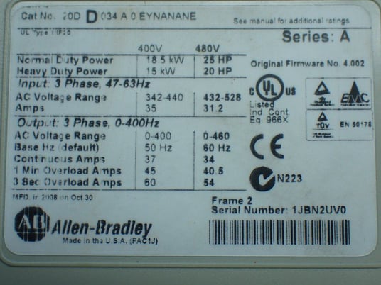 Allen-Bradley #20D-D-034-A-0-EYNANANE, Servo Drive, 3 Phase, 20/25 HP, 480 Volts, 2008 - Image 6