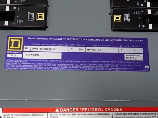 250 Amp. Square D, 290051424909000410, Panelboard, 3 Phase, 4-Wire, 480Y/277 VAC - Image 6
