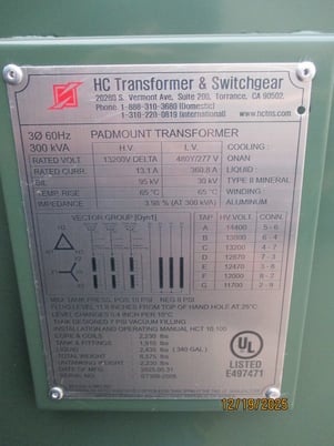300 KVA 13200 Delta Primary, 480Y/277 Secondary, IEN Hanchang, 7-Tap, T-Blade Switch, DOE 2016, UL Listed - Image 4
