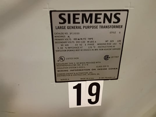 30 KVA 480 Primary, 240-120 Secondary, Siemans 3F1Y030 Electrical Transformer - Image 2
