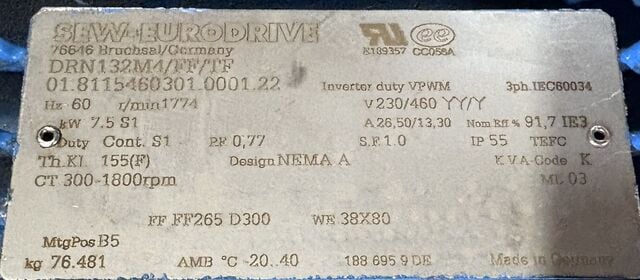 10 HP 1774 RPM Sew-Eurodrive DRN132M4/FF/TF, 11 KW, IP55, NEMA A, TEFC, 2022 - Image 6