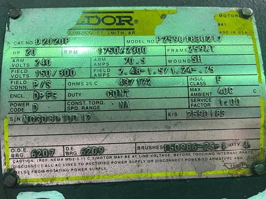 20 HP 1800 RPM Baldor, Frame 259AT, Drip-Proof Ball Bearing, 240 VA, 300/150 VF - Image 2