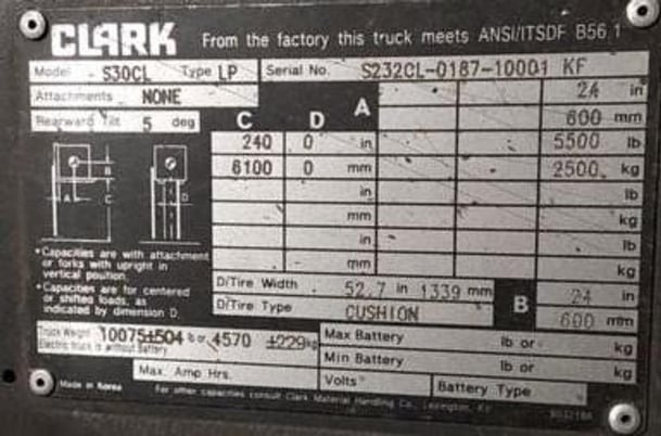 6000 lb. Clark #S30CL, Forklift, 240" raised height, 42" spade fork length, 4-way hydraulics, 8743 hours, 2018 - Image 6