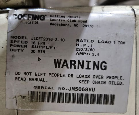 1 Ton, Coffing #JLCET2016-3-10, Rail-Mounted Chain Hoist, 10' lift height - Image 8