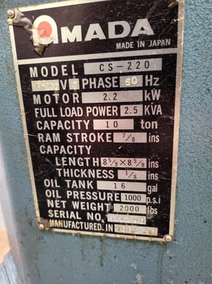 8-5/8" x 8-5/8" x 1/8" Amada #CS-220, corner notcher, foot pedal - Image 7