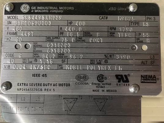 400 HP 1800 RPM General Electric, Frame 449T, TEFC BB, 460 Volts, New - Image 3