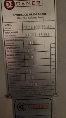 Dener #DSXL100, hydraulic press brake, Gooseneck punch and 4-way die, 2015 - Image 2
