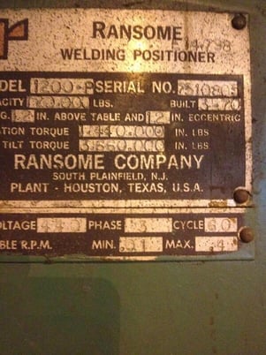 120000 lb. Ransome #1200-P, welding postitioner, variable speed, 86" x 108" table, dynamic braking - Image 3