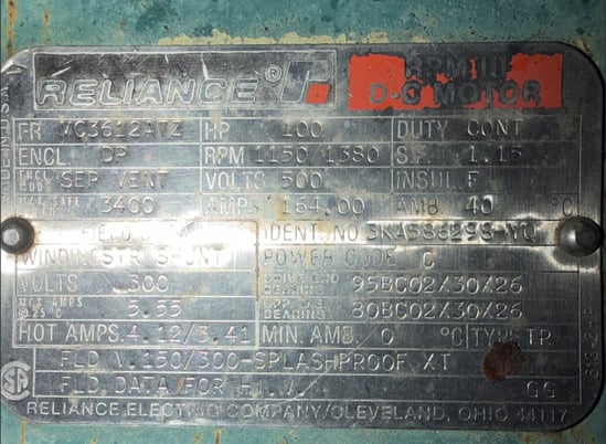 100 HP 1150/1380 RPM Reliance, Frame MC3612ATZ, 500 VA, 300 VF, SPFG-SV, Ball, Str. Shunt - Image 1