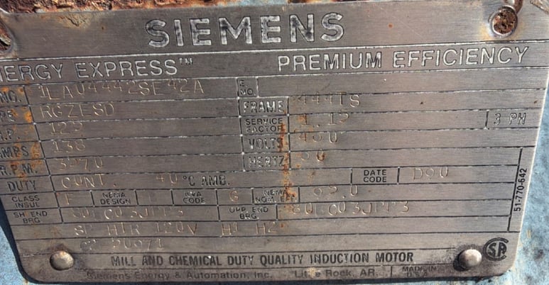 125 HP 3570 RPM Siemens, Frame 444TS, TEFC, 460 Volts, 1.15 service factor, Ball, offered electrically OK or - Image 1