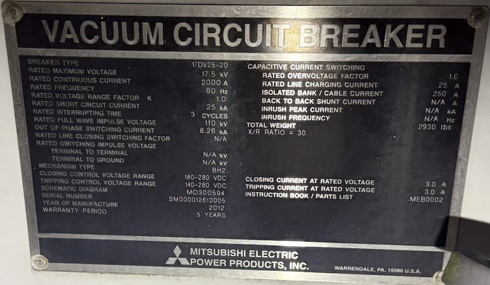 2000 Amps, Mitsubishi, 17DV25-20, outdoor Vacuum Circuit breaker, 25ka, 15.5 kv - Image 3