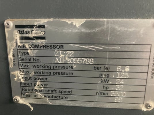 125 psig, Atlas Copco #ZT-22, Rotary Air Compressor, 32 HP, 3500 RPM, 1999 - Image 3
