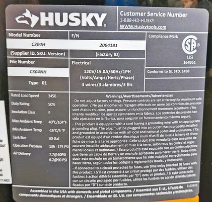 2 HP Husky #C304H, Portable Vertical Electric Air Compressor, 30 gallon, 175 PSI - Image 6