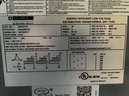 30 kVA 480 Primary, 208Y/120 Secondary, Square D (6 Available) - Image 1