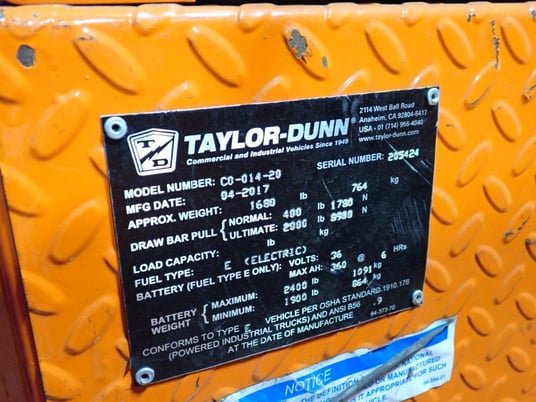 Electric Tugger, Taylor-Dunn #CO-014-20, 36 V, 2017 - Image 7