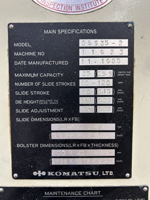 35 Ton, Komatsu #OBS35-2, gap frame stamping press, 3.15" stroke, air clutch/brake combo., 5 HP, 1985 - Image 10