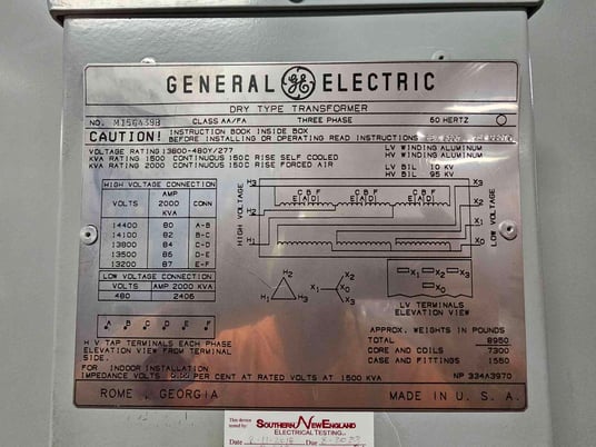 2000 KVA, 13800 Primary, 480/277 Secondary General Electric #M156439A, Substation Dry Type Transformer (3 - Image 3
