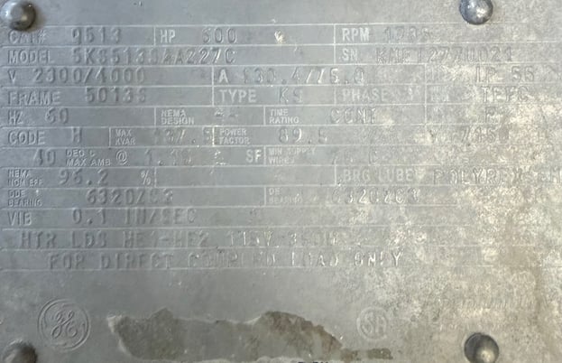 600 HP 1786 RPM General Electric, Frame 5013S, 2300/4000 Volts, 1.15 service factor, Ball, Offered - Image 1