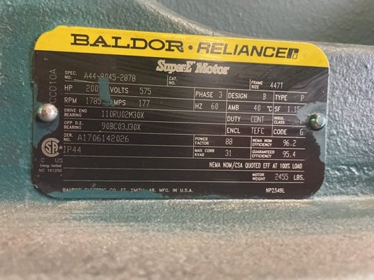 200 HP 1800 RPM Baldor Reliance, Frame 447T, TEFC BB, 575 Volts, New Surplus - Image 2