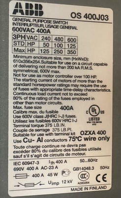 400 Amp. ABB #OS400J03, general purpose switch, 600 VAC - Image 3