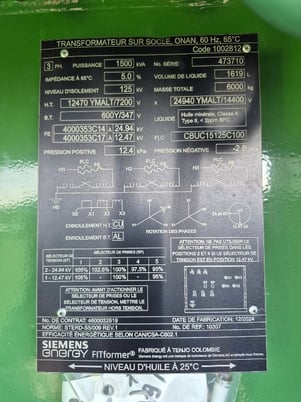 1500 KVA 24940Y Primary, 600Y Secondary, Siemens Transformer - Image 5