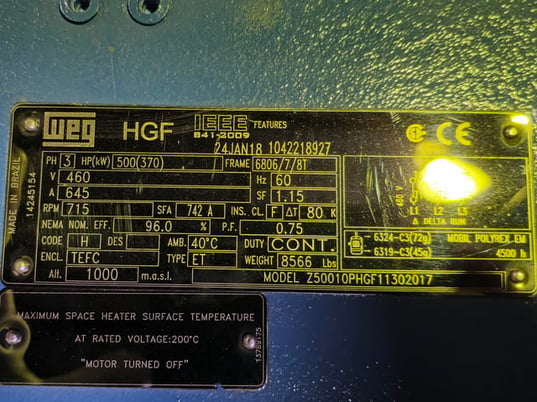 500 HP 720 RPM Weg, Frame 6806/7/8T, TEFC BB, 460 Volts, New Surplus - Image 3