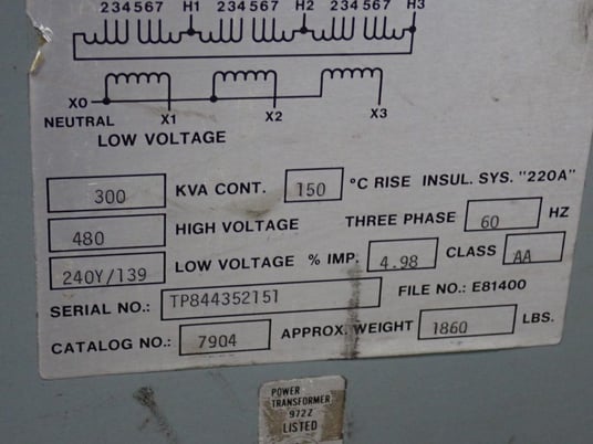 300 KVA 480 Primary, 240Y/139 Secondary, AED #7904, Transformer, 3 Phase, 60 Hz - Image 2