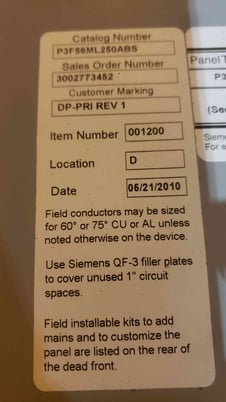 250 Amp. Siemens P3 #P3F56ML250ABS, Panelboard, HEB3B125/HEB3B020 Breakers, 3 Phase, 480 Volts - Image 6