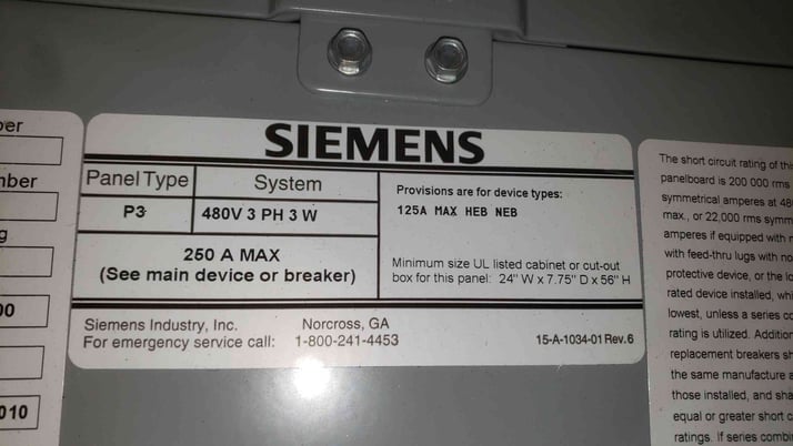 250 Amp. Siemens P3 #P3F56ML250ABS, Panelboard, HEB3B125/HEB3B020 Breakers, 3 Phase, 480 Volts - Image 7