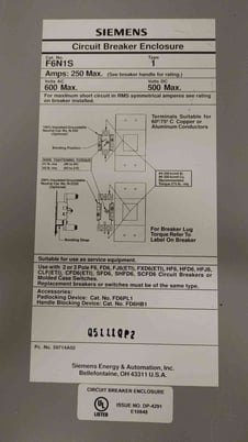 250 Amp. Siemens Sentron #FXD63B225, Circuit Breaker Enclosure / Disconnect, 3 Phase, 600 Volts - Image 4