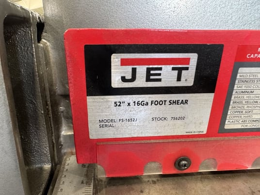 16 gauge x 4.4' Jet #JET-FS-1652J, stomp shear, back gauge assembly, front sheet supports - Image 2