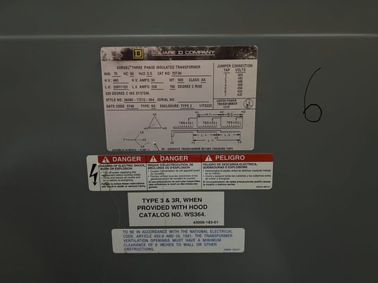 75 KVA 480 Primary, 208Y/120 Secondary, Sorgel Square D, 3-phase insulated transformer, class AA - Image 4
