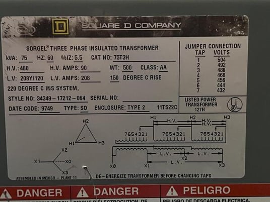 75 KVA 480 Primary, 208Y/120 Secondary, Sorgel Square D, 3-phase insulated transformer, class AA - Image 5