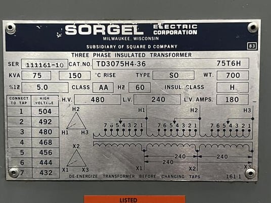 75 KVA 480 Primary, 240 Secondary, Sorgel, 3-phase insulated transformer, class AA - Image 5