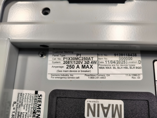 100 Amp Siemens P1X30MC250AT P1 Panelboard 208Y/120V 30 Space BF120AH B3100HH - Image 2