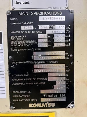 330 Ton, Komatsu #L2M300-3BM, straight side double crank stamping press, 4.9" stroke, 21.65" die height - Image 5