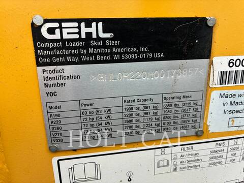 Gehl Company R220, Skid Steer Loader, 1011 hours, S/N: 173857, 2013 - Image 6