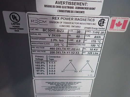 30 KVA, 460 Delta Primary, 208 Delta Secondary Rex #BC30H1-B/Z3, Transformer, 3ph, Type 3R - Image 9