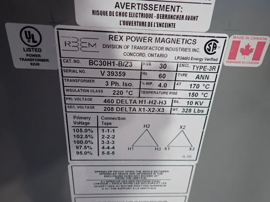 30 KVA, 460 Delta Primary, 208 Delta Secondary Rex #BC30H1-B/Z3, Transformer, 3ph, Type 3R - Image 9