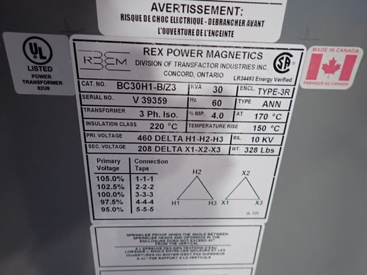 30 KVA, 460 Delta Primary, 208 Delta Secondary Rex #BC30H1-B/Z3, Transformer, 3ph, Type 3R - Image 10
