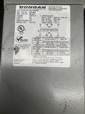 2 KVA 240/480 Volts Primary, 120/240 Volts Secondary, Dongan #85-1045SH, TRANSFORMER - Image 3