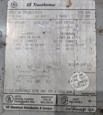 7.5 KVA 240/480 Volts Primary, 120/240 Volts Secondary, General Electric #9T21B1005G02, Transformer, 1PH - Image 3