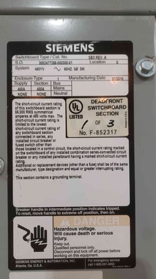 400 Amps, Siemens #SB3, Switchboard, 480 Volts, 3 Phase 3 Wire, 65kA, w/ (7) HEB Breakers - Image 2