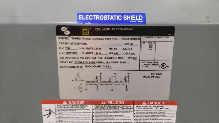 45 kVA, 208 Primary, 208Y/120 Secondary Square D Sorgel, 45T308HISNL, Transformer, 3ph. Shielded - Image 2