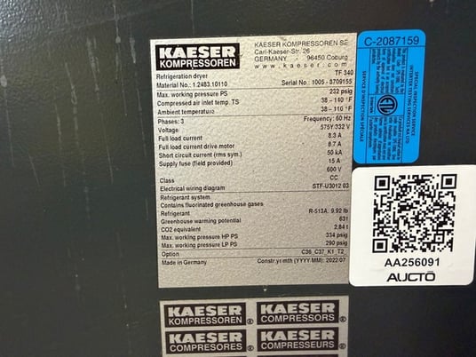1130-1200 scfm, 232 psig, Kaeser #TF-340, refrigerated air dryer, R-513A, 460/575 V., 2022 - Image 7