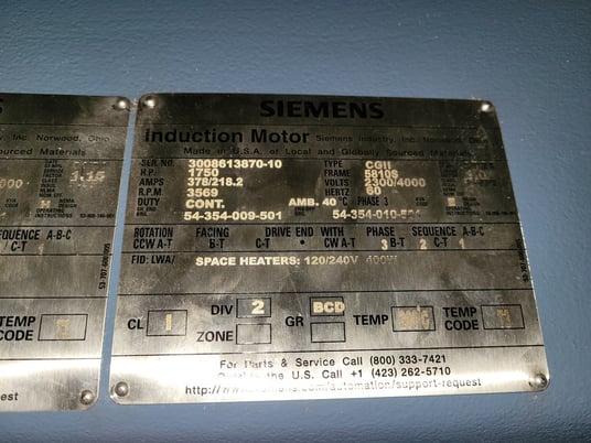 1750 HP 3600 RPM Siemens, Frame 5810S, weather protected enclosure type 2, SB, 2300/4000 Volts, New (6 - Image 3